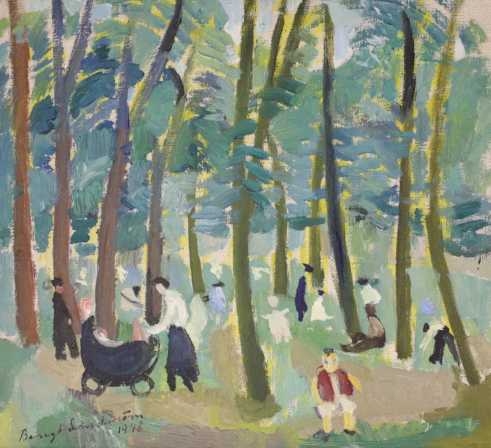 Bengt Lindstrom (1925-2008), oil on canvas, Figures in woodland, signed and dated 1948, 27 x 30cm, assorted press cuttings verso